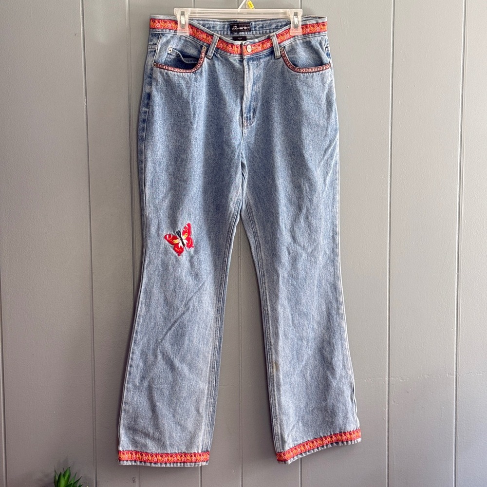 Vintage Y2K Butterfly Embroidered Flare Jeans Ribbon Trim Boho Light Wash Jr 13